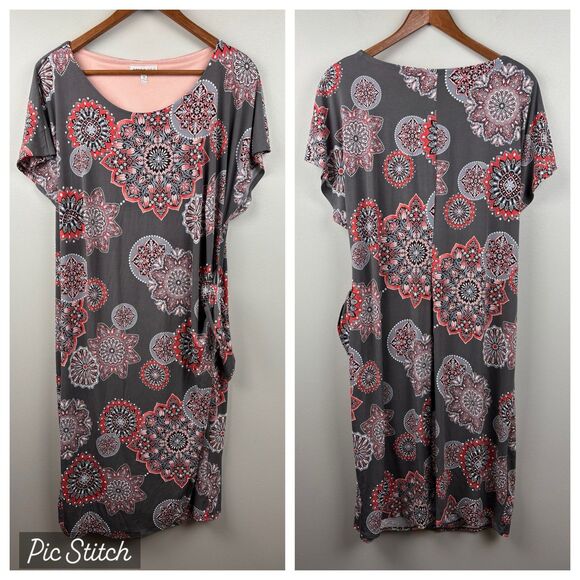 Robbie Bee Floral Medallion Wrap Dress Size 1X Gray Coral Pink Short Sleeve - Picture 1 of 11